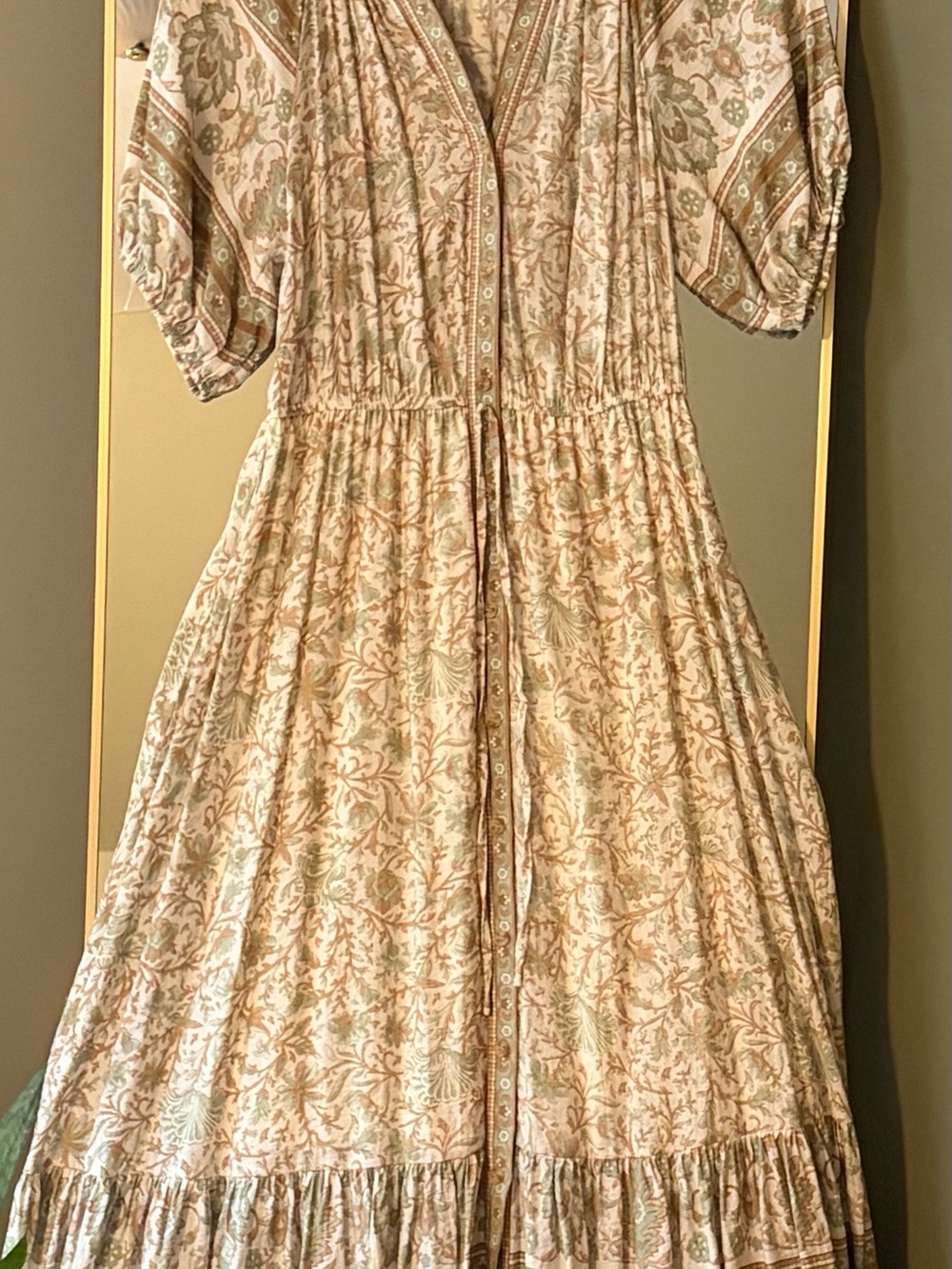 Bohemian Floral Button-Front Maxi Dress in Beige and Sage